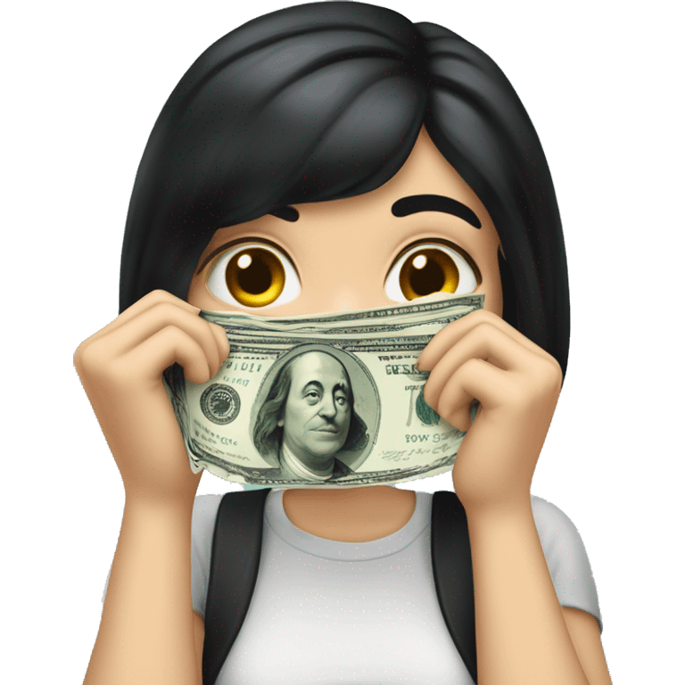 White girl with black hair and big lips wipes away tears with a banknote emoji