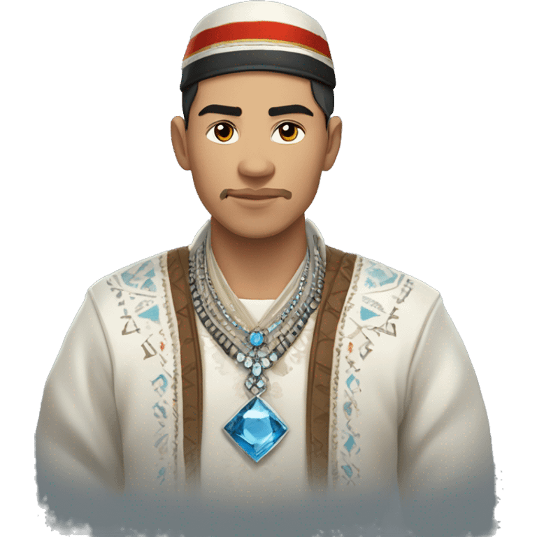 Male, Young man (around 30 years old). Is dressed in a traditional Yakut national costume with modern elements. Around his neck, there is an amulet shaped like a diamond. emoji