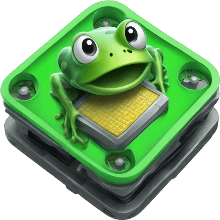 a processor hilhly futuristic in the hand of a frog emoji