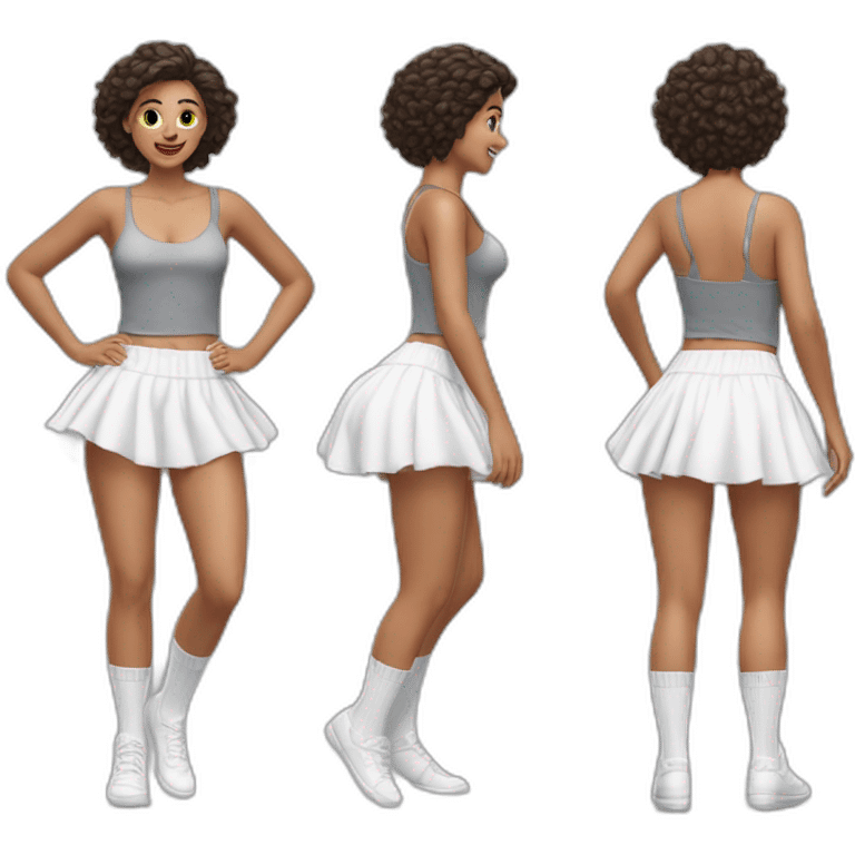 Hyperrealistic Full body Caucasian curvy beauty jumping short white skirt back and front views strong wind knickers long white socks emoji