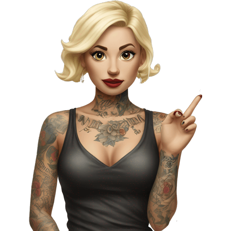 Blonde elegant women, her Body Covered with Tattoos, POINTING to YOU FORWARD with her ONE HAND , Hyper realistic emoji