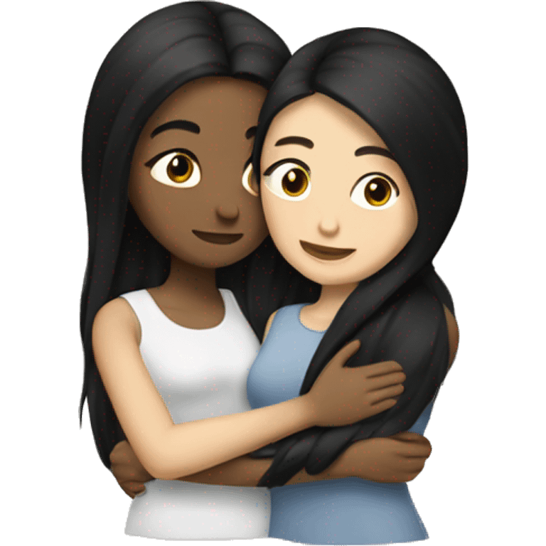 A lesbian couple with white skin and long black hair hugging intimately emoji