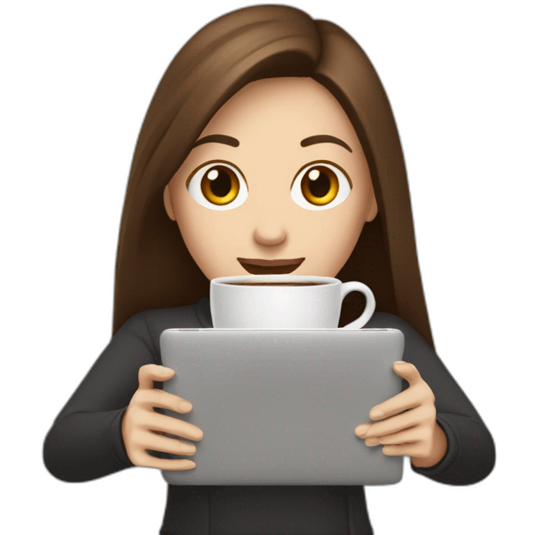 woman with long straight brown hair and pale skin throws laptop and a coffee mug in the air emoji