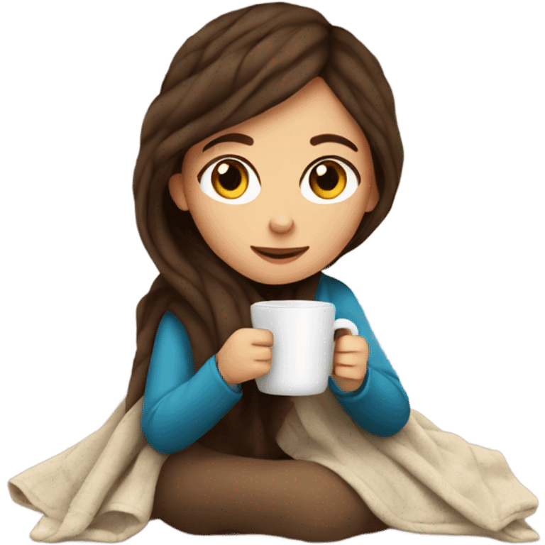 Brown hair Girl drinking coffee, with a cozy blanket emoji