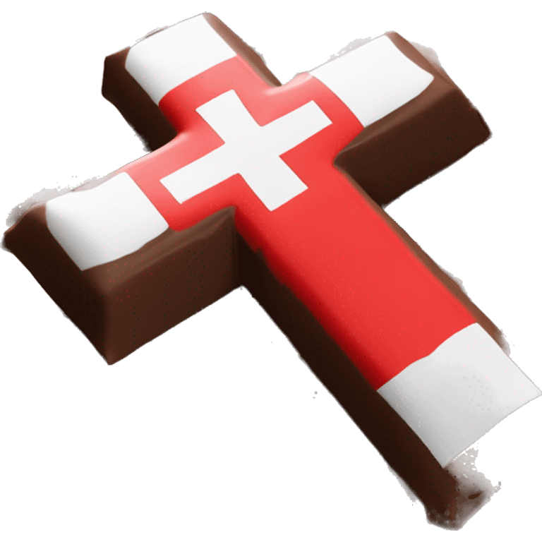 A chocolate bar with glossy square pieces, partially unwrapped in torn red packaging with a white Swiss cross on it. The wrapper looks slightly crumpled, and the chocolate appears smooth and creamy. emoji