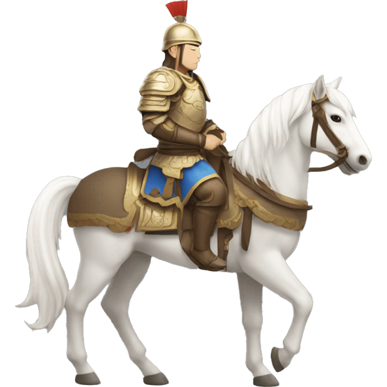 an mongolian soldier  with white skin and brown armor on a horse from the side emoji