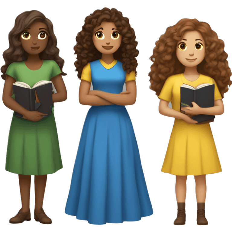 3 women, one is white with long brown curly hair and a dress holding books, one medium height with brown long wavy hair and green skirt and yellow top, one medium height with medium length brown wavy hair with a blue dress holding a kindle emoji