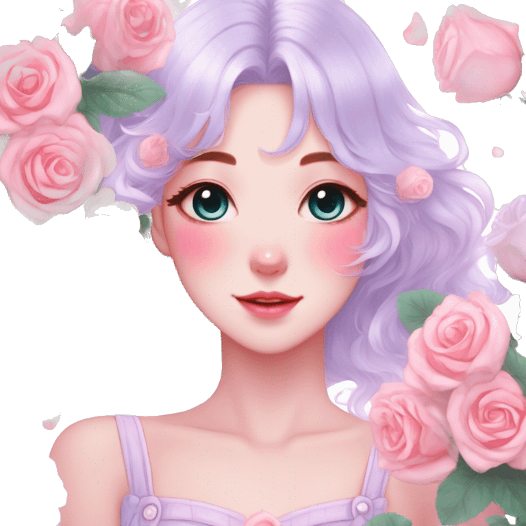 Gorgeous pastel anime style lady with blushing face and roses cottagecore fairycore pastelcore shiny colorful pearly aesthetic trending style emoji