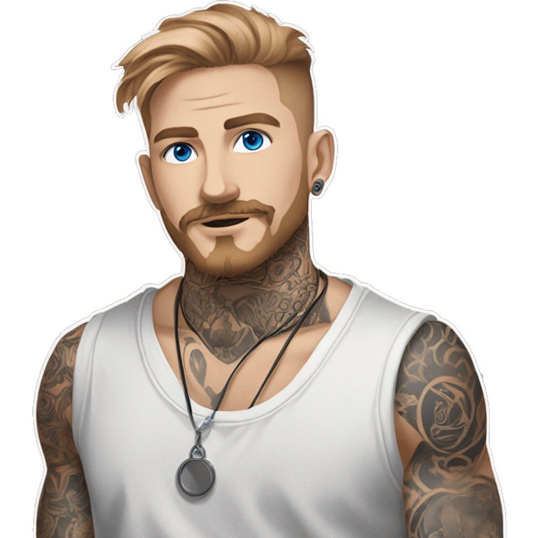 Man with Light brown hair, neck tattoos, arm tattoos, mustache and beard, blue eyes, silver nose piercing hoop, black anime graphic tee emoji