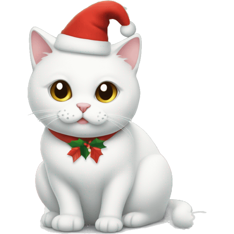 A white cat is sitting under the Christmas tree emoji