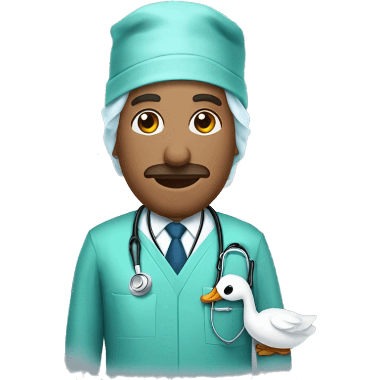 a swan dressed as a surgeon, wearing medical scrubs, a stethoscope around its neck, and a slightly professional emoji