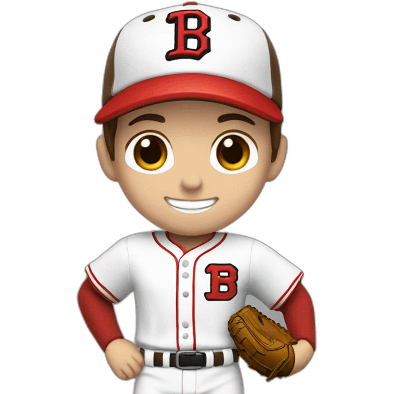 Boy baseball player, white skin, short brown hair, smiling. Red cap with a T as its logo, white uniform with red details. emoji