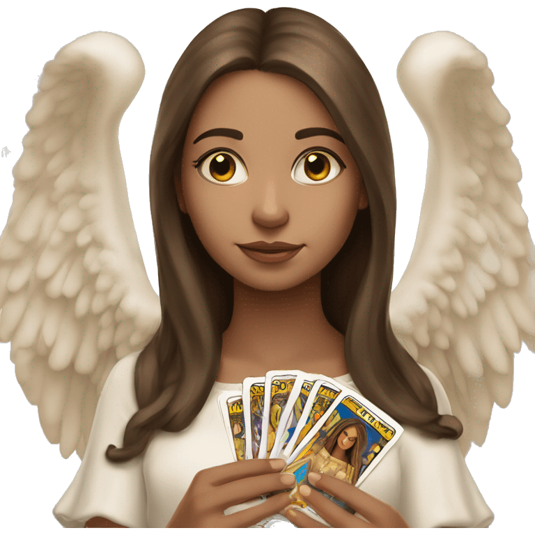 Beautiful angelic girl with straight brown hair with tarot cards emoji