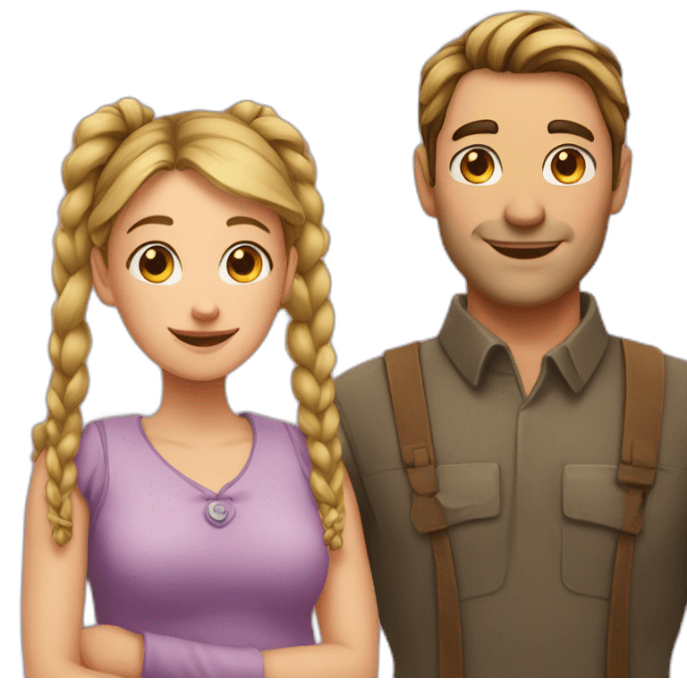 Man loves woman with pigtails, heart between them emoji