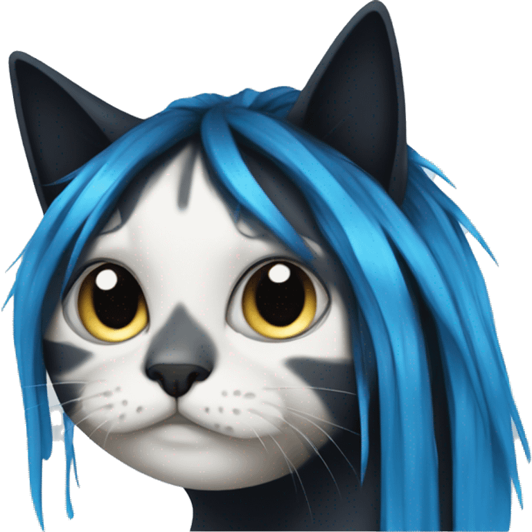 A cat with long black hair with blue hair strands and black tears dripping over the face emoji