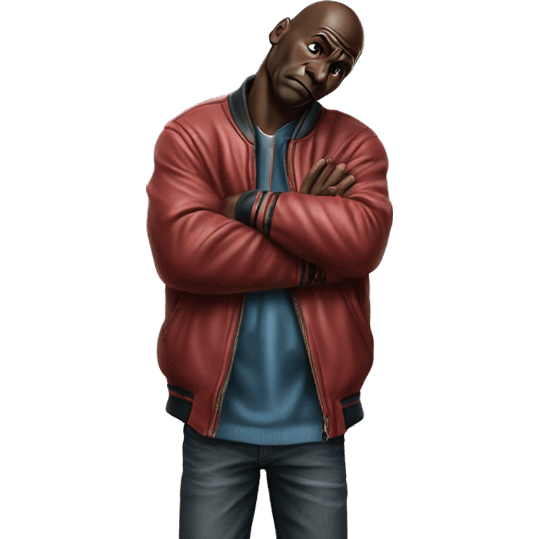 Michael Jordan in a jacket holds his head and is sad photorealistic serious emoji