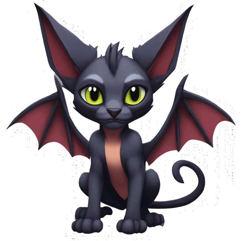 Black cool vampiric Noivern-Litten-Sphynx-Lykoi-Caracal-Fakemon with big bat ears full-body emoji