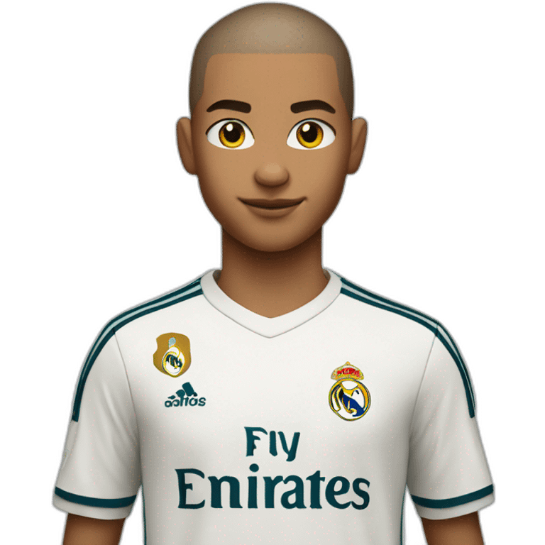 Young soccer player who takes an ID photo with a buzz cut hair with real madrid jersey, apple style emoji