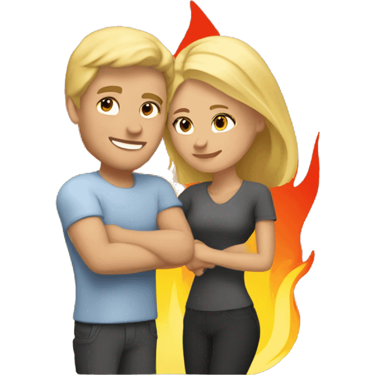 blonde man and blonde woman cuddle by fire emoji