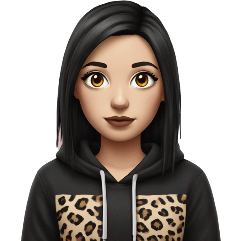 Hyperrealistic white girl with long black hair with a pink fringe and has eye makeup on, she is wearing a black and leopard print hoodie  emoji