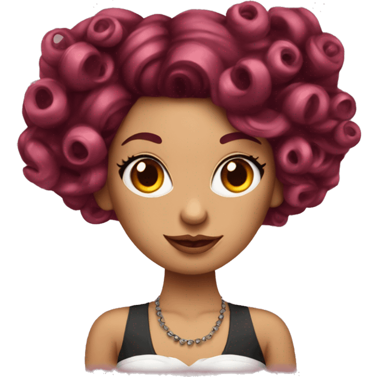 Beautiful tattooed  burgundy long haired woman with curlers in her hair emoji