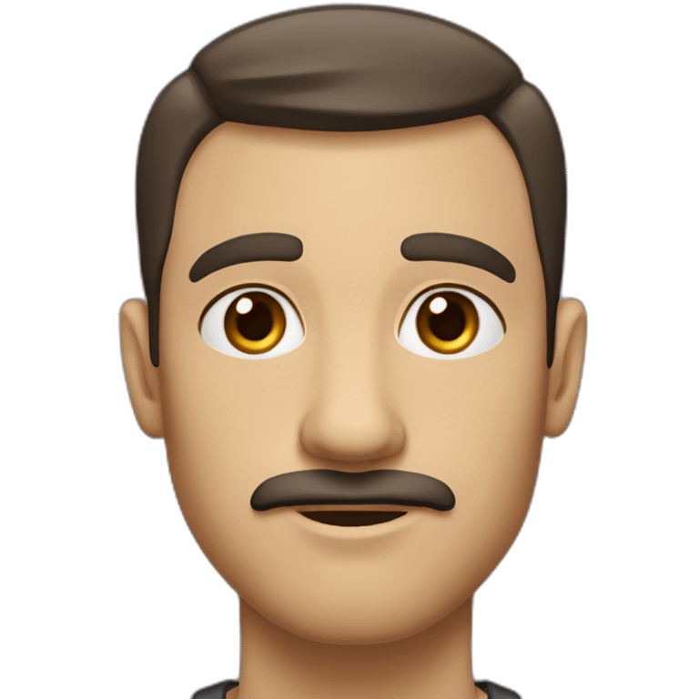 White man with dark brown short shag haircut, thick eyebrows, soulful brown eyes, large ears, pronounced cheekbones, and a simple moustache. emoji