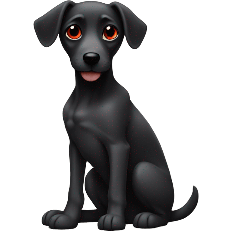 Dog with black ears, saggy red eyes, sitting like a good girl emoji