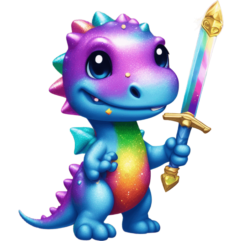 Lisa frank glitter rainbow cute dinosaur with sword and jewels emoji