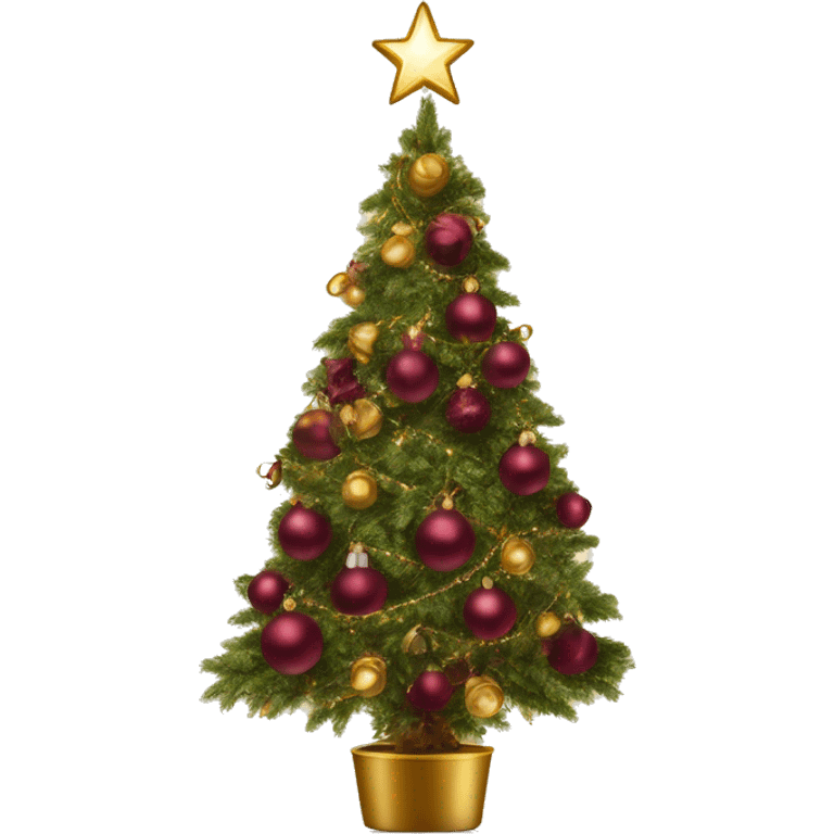 Vintage christmas tree with burgundy ornaments and gold sparkling lights fuller emoji