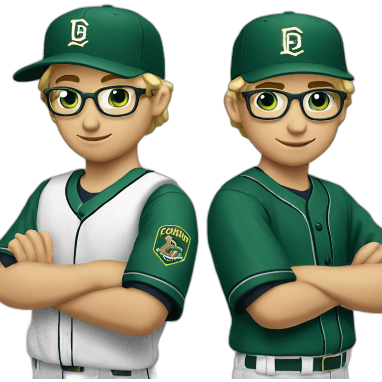 Blonde male short hair with glasses Dark green baseball uniform with hat Blue eyes a cobra snake logo with "C". waist up with a laptop behind the shoulder emoji