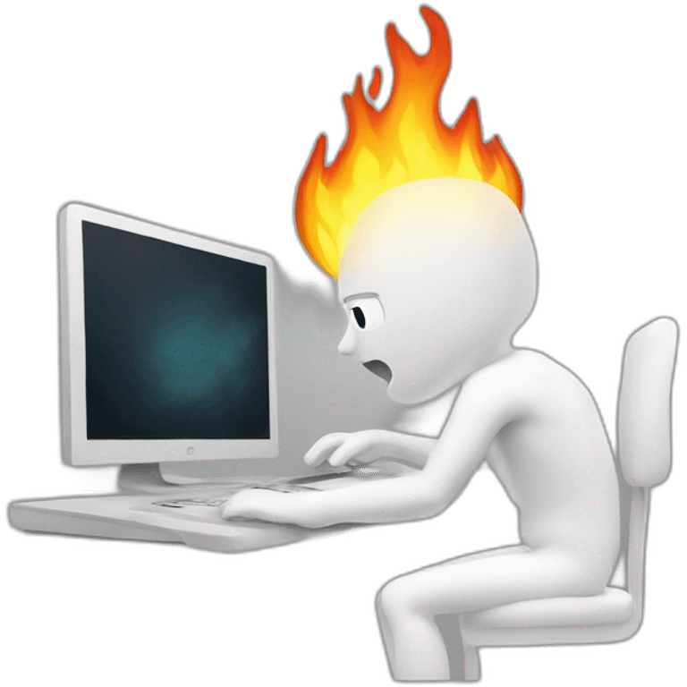 confused white human failing to use computer where the computer is on fire emoji