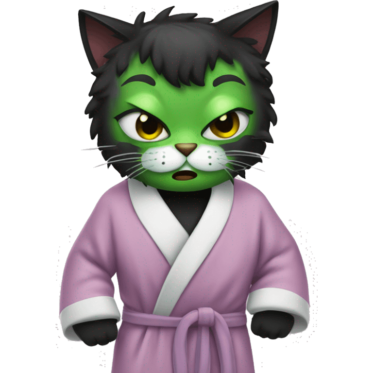 Angry Black cat wearing bathrobe with green face mask and hair in curlers  emoji