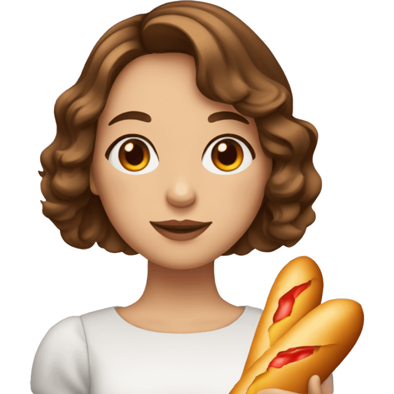 a french girl with brown mid-length wavy bob cut hair and brown eyes holding a baguette with an emoji heart,  emoji