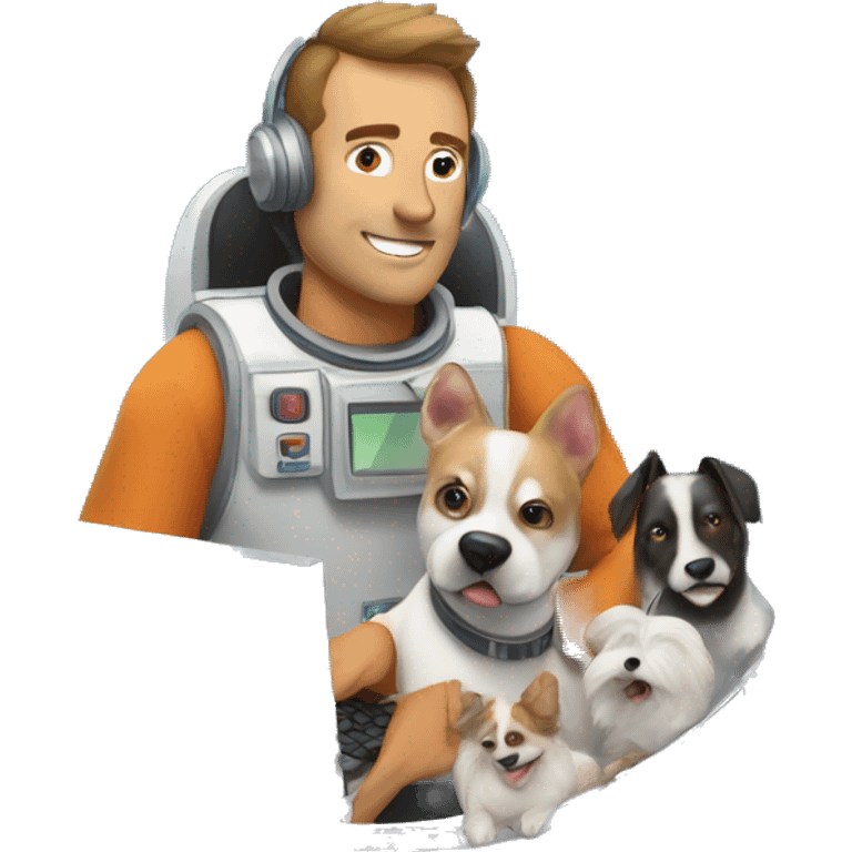 man using a computer in space surrounded by dogs emoji