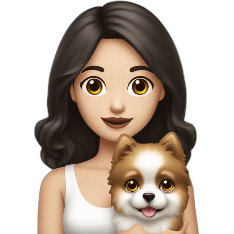 Girl with dark hair white skin holding cream Pomeranian emoji