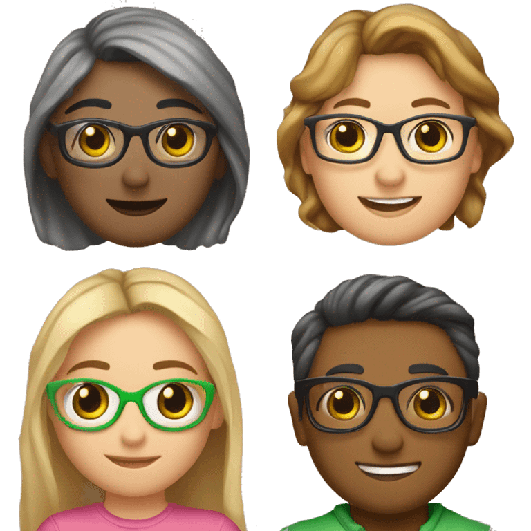 4 amigos, 3 mujeres y un chico, son jóvenes estudiantes una de las chicas con gafas al igual que el chico, que se vean inteligente, que la ropa que lleven combine y sean en tonos rosados y verdes. emoji