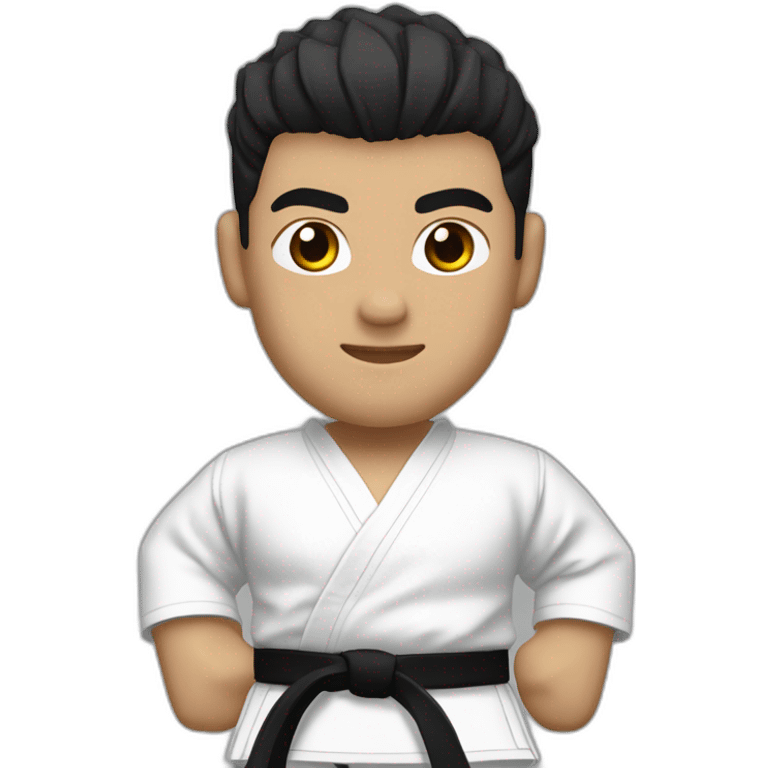 man wearing a karate-gi (all white, with a black belt at the waist), with very light brown skin, black hair spikes, black eyes slightly slanted emoji