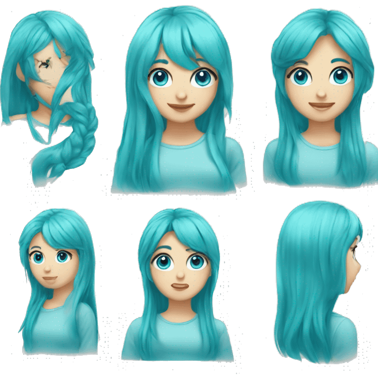 Cyan hair,girl,blue eyes,pigtails,long hair,bangs, emoji