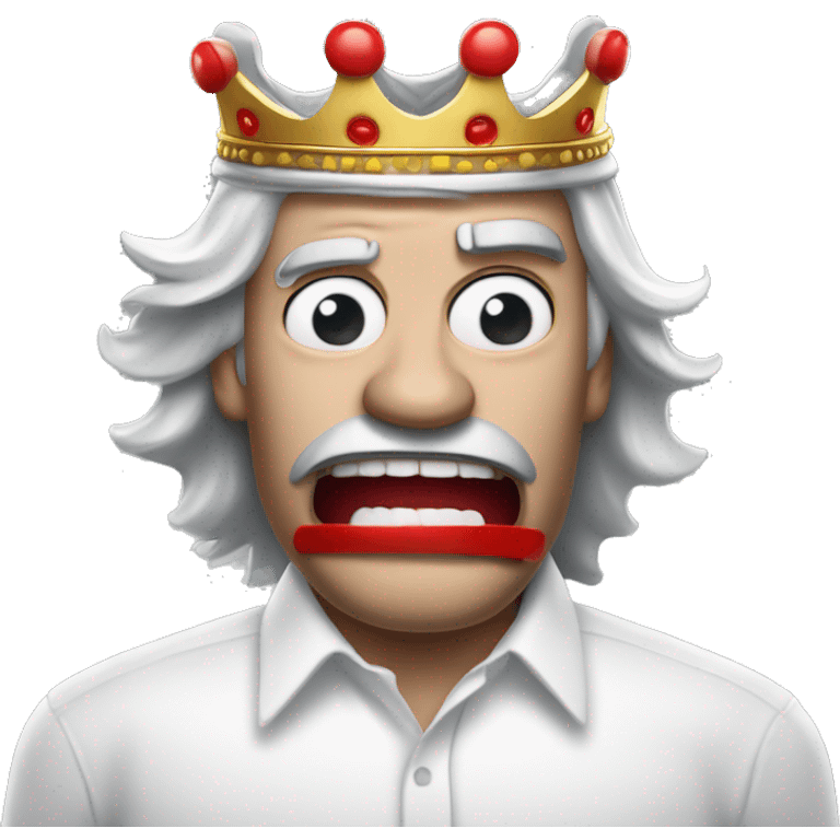 a man in a white button up shirt with a red mouth mask pulled down, long gray hair and a burger king crown angry white skin emoji