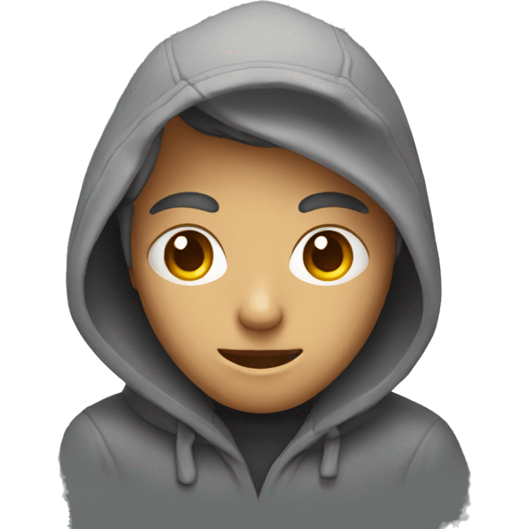 gray face with hollow black eyes and a dark hoodie emoji