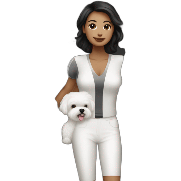 mujer piel blanca con chongo negro con perro bichon blanco emoji