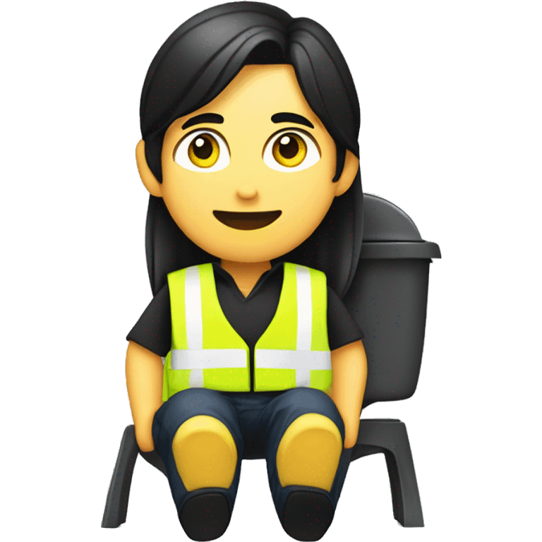 Guy with black long hair in a pony tail sitting on the toilet, in black shirt and pants with a yellow safety vest draped over his shoulder  emoji