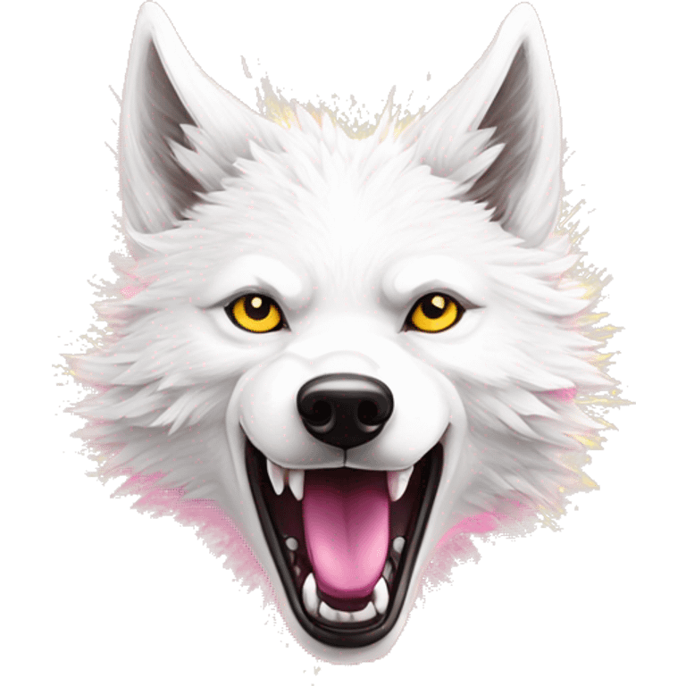 Sparkling crazy white aggressive wolf dancing snow mad big eyes illustration doodle high contrast lightning bolt halo sun beams white pink yellow red party sparkle glitter emoji