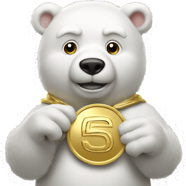 white bear with gold coin with "50" write in gold coin in hands emoji