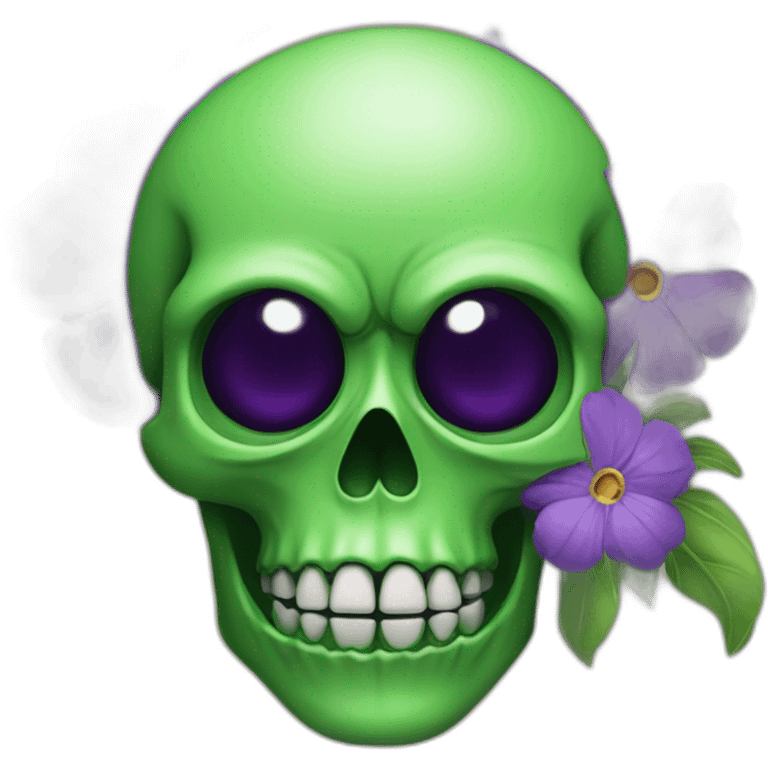 Green skull with purple flower coming out from eye socket emoji