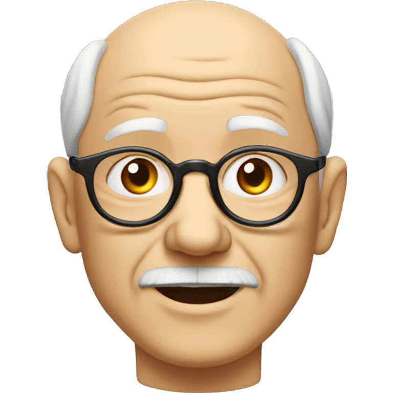 old white man with glasses, wrinkly face, wireless earbuds, round head, balding emoji