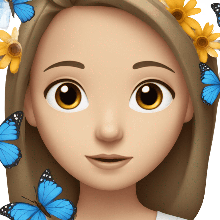 White girl with brown hair and blue eyes, flowers and butterflies  emoji