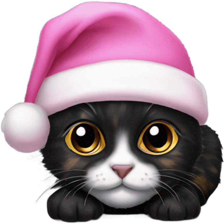 Black tortoiseshell kitten with pink Santa hat emoji