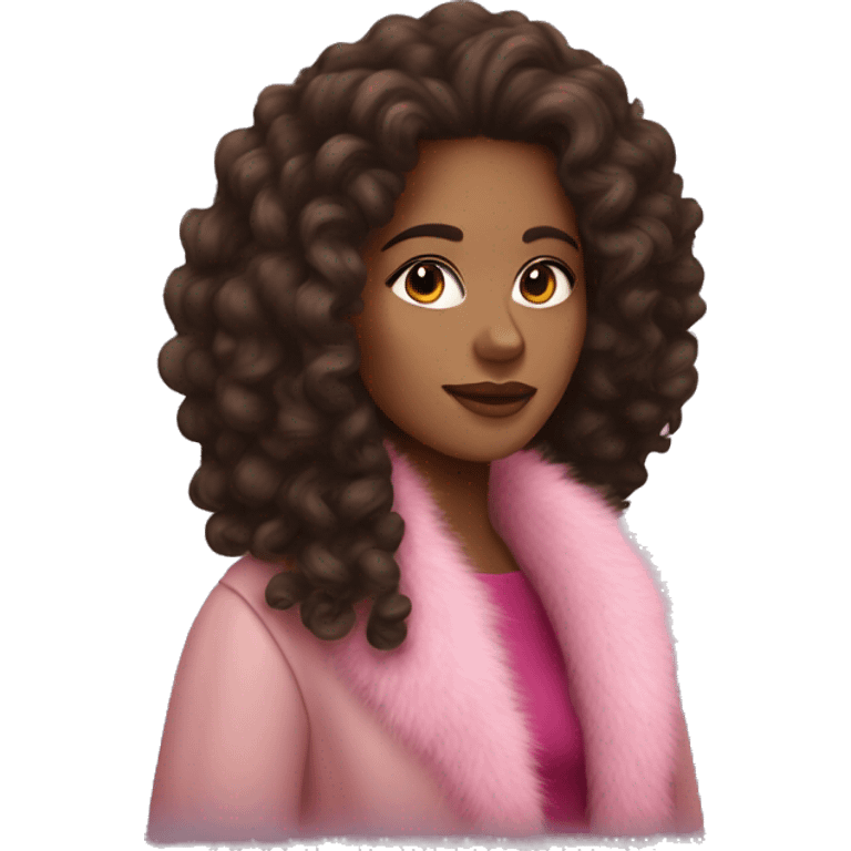 pretty brown woman with long dark curly hair and pink fur coat on emoji