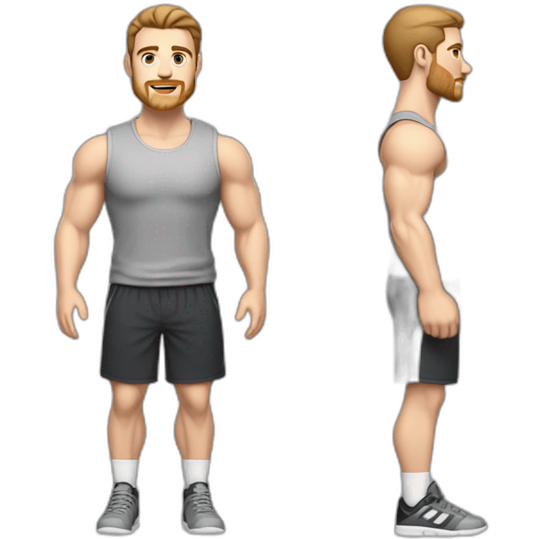 Full height Pale skinned fit man With biceps, Realistic eyes and mouth, light brown hair and stubble In dark gray sleeveless mike, black oversize sports shorts, watch and white sneakers. emoji